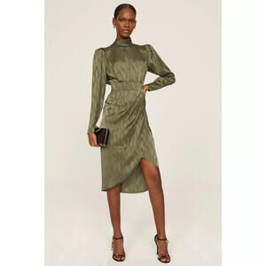 High-Neck Olive Green Long-Sleeve Wrap Hem Dress